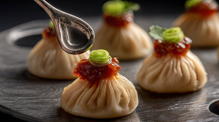 This stunning image showcases delicious dumplings beautifully arranged on a dark plate, featuring a drizzle of sauce and vibrant green garnish, perfect for culinary art.の素材