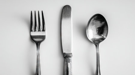 A sleek arrangement of a fork, knife, and spoon in stainless steel, set against a minimalist white background, perfect for culinary presentations.の素材