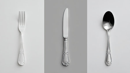 This image showcases a minimalist arrangement of silver cutlery, featuring a fork, knife, and spoon against a soft gray background, ideal for dining themes.の素材