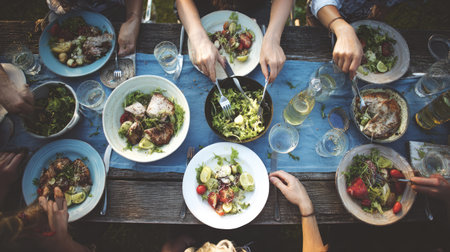 A vibrant outdoor scene captures friends gathered around a rustic wooden table, enjoying a gourmet meal of fresh salads, grilled meats, and colorful dishes.の素材