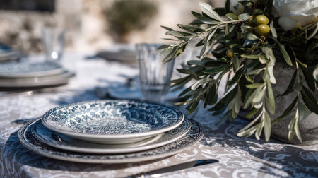 A beautifully arranged table features vintage dishware, delicate floral elements, and a warm, inviting atmosphere, perfect for any elegant gathering.の素材