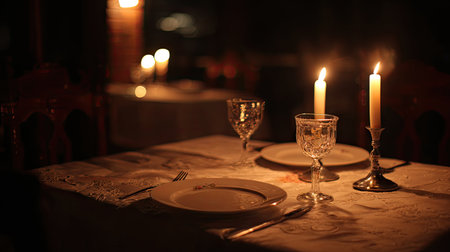 A beautifully arranged dining table with candlelight creates a warm and romantic atmosphere, perfect for intimate dinners and special celebrations.の素材