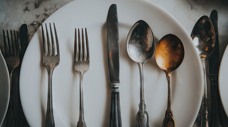 Captivating image of vintage cutlery arranged on a white plate, showcasing a mix of forks, knives, and spoons under natural light, perfect for culinary art.の素材