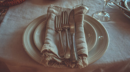 This image features an elegant table setting showcasing a white plate with a neatly folded linen napkin and silver cutlery, creating a warm dining atmosphere.の素材