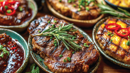 A visually enticing arrangement of grilled meats featuring fresh herbs and spicy peppers, showcasing vibrant colors and savory aromas, perfect for food lovers.の素材