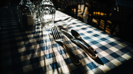 This image captures an elegant dining table setting featuring silverware and glasses on a blue checkered tablecloth, highlighting the interplay of light and shadows.の素材