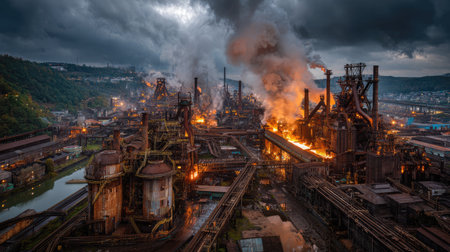 An atmospheric industrial scene showcases billowing smoke and flickering flames against a twilight sky, highlighting the dynamic nature of manufacturing.の素材
