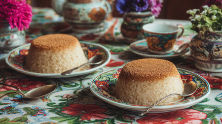 A beautifully arranged traditional dessert featuring brown sugar flan, served on colorful plates, set against a vibrant floral tablecloth, ideal for culinary enjoyment.の素材