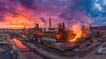A breathtaking view of an industrial steel mill at sunset showcasing vibrant colors, smoke, and flames, reflecting on the nearby river, illustrating manufacturing dynamism.の素材