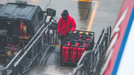 A worker in a red jacket is seen transporting fuel containers during rainy weather at an airport. This image illustrates aviation ground operations and logistics.の素材