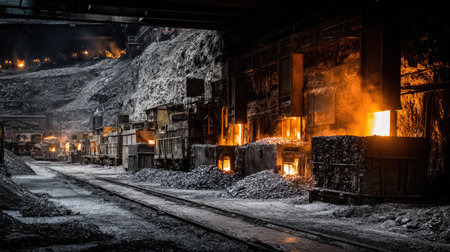 An industrial foundry scene showcasing glowing furnaces emitting heat and smoke. The dark ambiance is contrasted by the vibrant flames, capturing intense energy.の素材