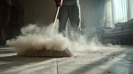 A person sweeps dust and dirt off a floor with a broom, creating a cloud of dust particles in a bright indoor space, highlighting home maintenance efforts.の素材
