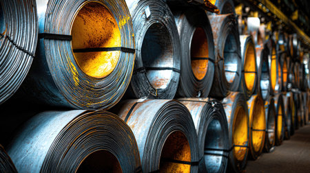 A close-up view of industrial steel coils stacked in a warehouse, showcasing the texture and colors of rust and dust on the metal surfaces.の素材