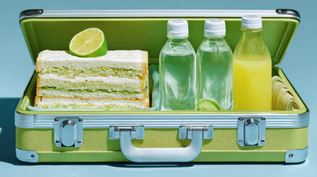 A vibrant picnic lunch setup showcasing a green lunchbox filled with layers of sandwich and refreshing beverages, perfect for outdoor enjoyment.の素材