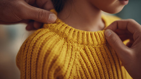 A tender moment capturing caring hands gently adjusting a yellow knit sweater on a child's shoulders, representing warmth and love in everyday life.の素材