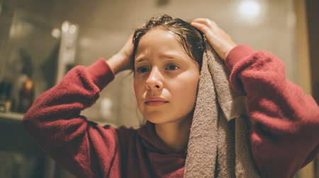A young woman with a towel on her head appears reflective after a shower, surrounded by a warmly lit bathroom. The intimate setting enhances the serene atmosphere.の素材