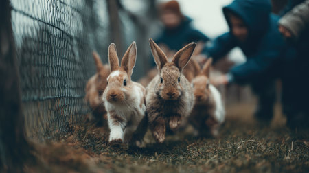 A delightful scene of adorable rabbits sprinting towards playful children in a green field. The cloudy sky adds a charming atmosphere to this joyful moment.の素材