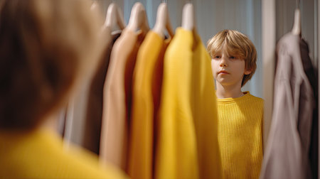 A young boy wearing a bright yellow sweater gazes thoughtfully at his reflection in a mirror, surrounded by a variety of hanging clothing, showcasing a modern dressing room atmosphere.の素材