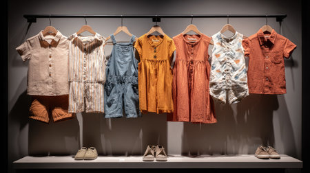 A visually appealing display of various children's clothing styles showcased on hangers, perfect for drawing inspiration in retail and fashion merchandising.の素材