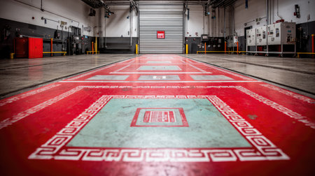 This image showcases an industrial warehouse interior featuring a striking floor design in red and green, complemented by visible equipment in the background.の素材