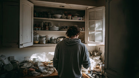 A young individual enjoys a moment of organizing dishes in a cozy kitchen filled with natural light, showcasing a serene and inviting atmosphere.の素材