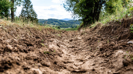 A deep furrow in soft, rich soil stretches through a tranquil rural setting. Lush greenery and distant hills create a picturesque backdrop under a bright blue sky.の素材