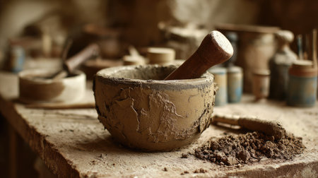 A rustic mortar and pestle set in a vintage workshop, surrounded by earthy materials and tools. Perfect for showcasing traditional craftsmanship and artistic heritage.の素材