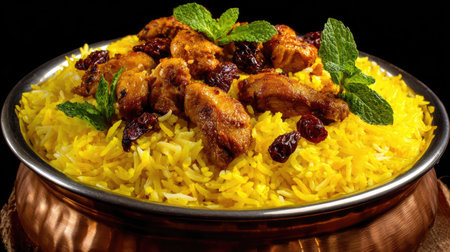 This stunning image showcases a delicious chicken biryani served on a metallic platter, adorned with aromatic saffron rice, mint leaves, and dried fruits.の素材