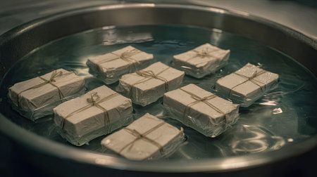 An artistic representation of freshly wrapped tofu blocks gently floating in water, showcasing the texture and simplicity of this popular ingredient in cooking.の素材