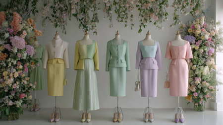 An elegant showcase of delicate pastel fashions displayed on mannequins, surrounded by beautiful floral arrangements, perfect for spring-themed events.の素材