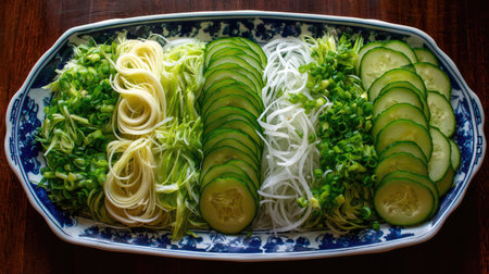 This vibrant platter showcases a beautiful arrangement of fresh vegetables and noodles, perfect for a healthy meal or culinary presentation.の素材