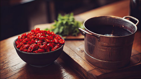 A vibrant arrangement of fresh red chili peppers in a bowl beside a pot of dark liquid on a rustic wooden surface. Perfect for culinary inspiration.の素材