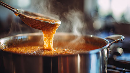 A captivating close-up image capturing golden syrup dripping through a strainer from a pot, creating a warm and inviting atmosphere in a kitchen.の素材