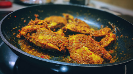 A mouthwatering scene of spicy chicken marinated in a rich sauce sizzling in a black frying pan. Perfect for food lovers and culinary enthusiasts.の素材