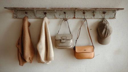 A vintage wall rack displays a cozy array of clothing and accessories including sweaters, handbags, and a cap. The warm tones create an inviting atmosphere.の素材