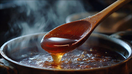 A wooden spoon dips into a simmering pot, showcasing rich amber syrup dripping gracefully. The warm steam enhances the cozy kitchen ambiance.の素材