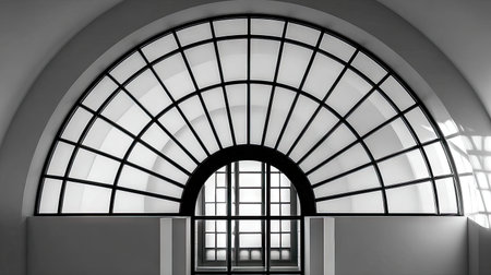 This stunning black and white image showcases an elegant curved architectural window, highlighting intricate geometric patterns and minimalist design.の素材