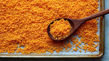 This vivid image features bright orange fish roe spread across a baking sheet, showcasing its colorful texture. A wooden spoon rests among the vibrant pearls, highlighting the ingredient's appeal for culinary creations. Ideal for cooking enthusiasts and food presentation.の素材