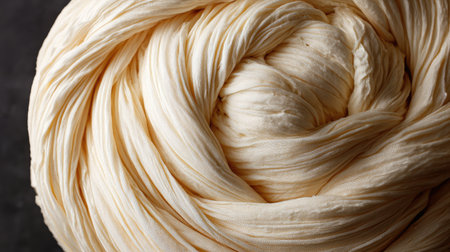 This image features a close-up view of a soft cream-colored fabric swirl, showcasing the smooth texture and intricate details that create a warm and elegant appearance.の素材