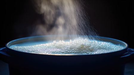 A close-up shot of a pot of boiling milk with bubbles and steam, illustrating the cooking process in a cozy kitchen setting. Ideal for culinary themes.の素材
