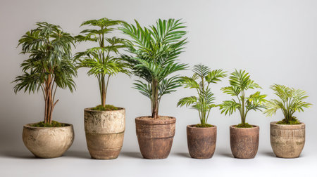 This stock photo showcases a stunning collection of indoor plants in various decorative pots, highlighting diverse heights and lush foliage ideal for enhancing any living space.の素材