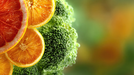 This vibrant image showcases fresh broccoli alongside bright citrus fruits, emphasizing nutritious eating and the freshness of natural ingredients that enhance healthy lifestyles.の素材