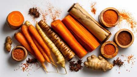 This captivating image features a colorful assortment of fresh carrots alongside various spices and aromatic ingredients, perfect for culinary enthusiasts.の素材