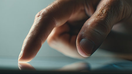 Close-up view of a human finger gently touching a tablet screen, showcasing interaction with technology. The soft lighting creates a modern ambiance, emphasizing the connection between human and device. Ideal for concepts of communication and digital engagement.の素材