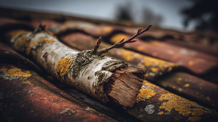 This captivating image showcases a close-up view of a wooden branch resting on a rustic roof, with moss and lichen adding texture and color.の素材