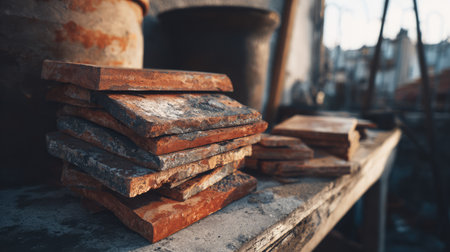 A close-up view of rustic stacked tiles resting on a weathered wooden surface, captured in soft golden hour lighting, showcasing unique textures and colors.の素材