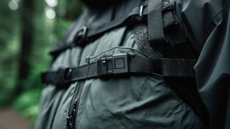 This close-up image features outdoor gear with adjustable straps, set against a lush green forest backdrop, perfect for camping and hiking enthusiasts.の素材