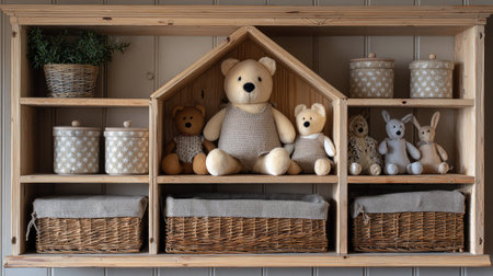 A charming wooden shelf filled with adorable soft toys and decorative baskets, perfect for adding warmth and creativity to any child's room decor.の素材