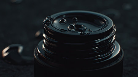The image showcases a sleek black cosmetic jar, featuring glossy surfaces and water droplets, set against a dark background. Ideal for beauty or skincare themes.の素材