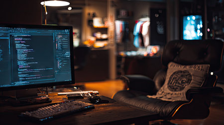 A cozy workspace featuring a computer screen filled with code, an ergonomic chair, and warm lighting, creating a perfect environment for creativity and productivity.の素材